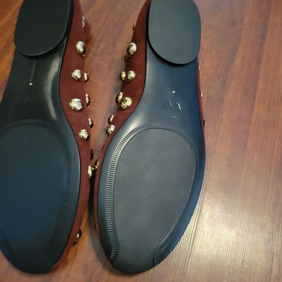 NWTs ZARA Studded Brown Leather Ballet Flats Size EUR 38 US 7.5 Classic - Picture 15 of 15